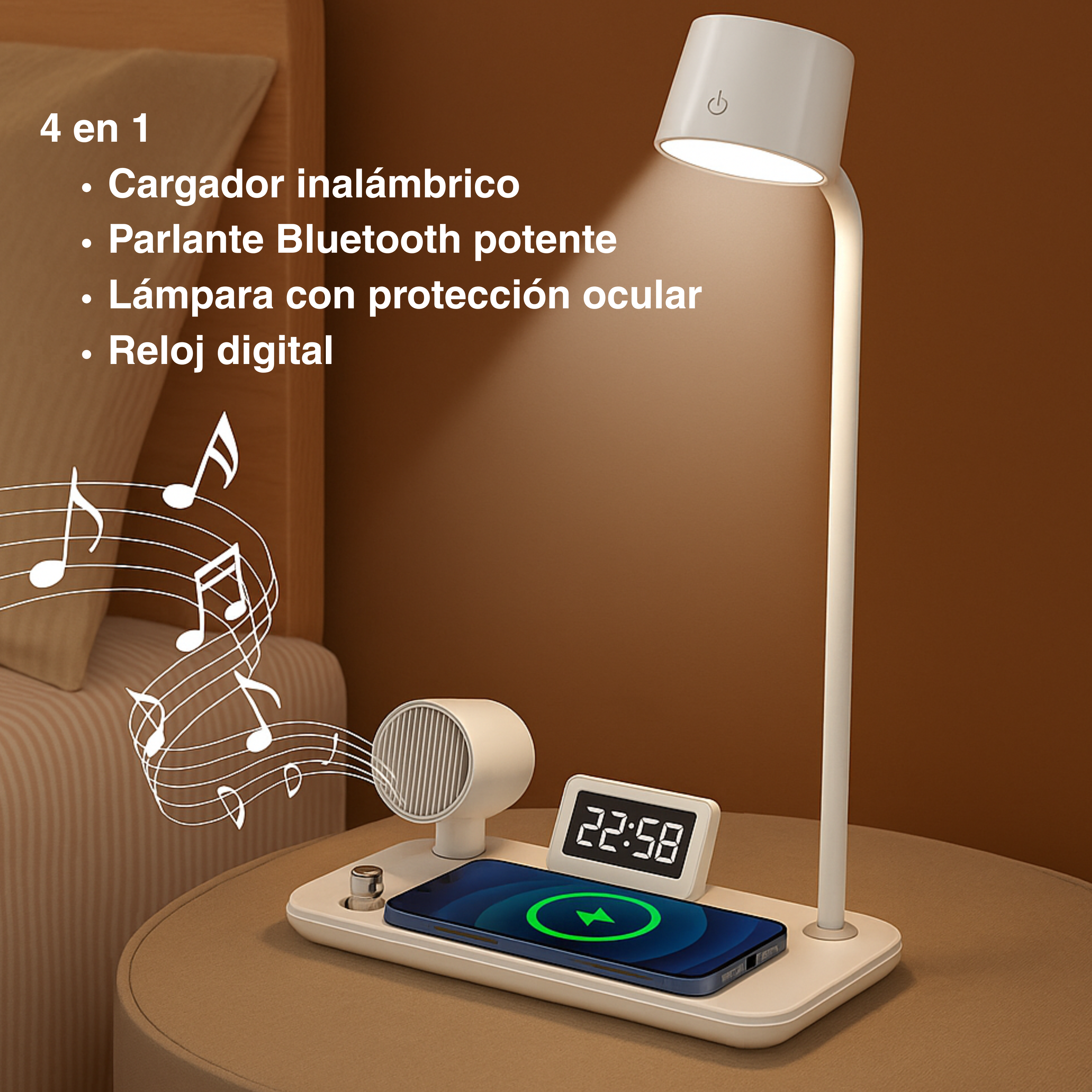 LUMI STATION - 4 EN 1 CARGADOR INALÁMBRICO + LÁMPARA + PARLANTE + RELOJ DIGITAL